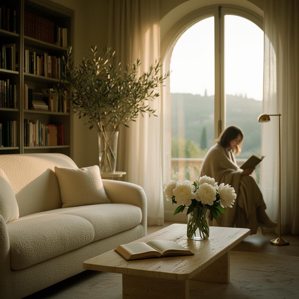 A serene members-club retreat lounge in golden hour light
