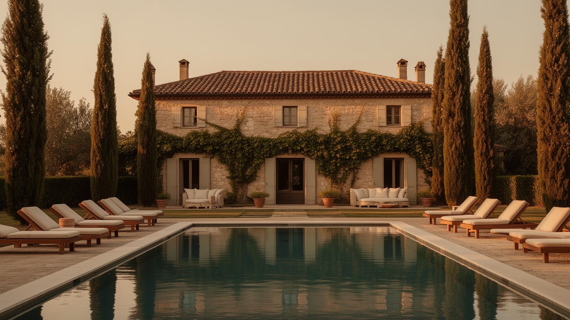 A sun-faded stone villa at golden hour framed by cypress trees, with a long rectangular pool and linen-cushioned loungers